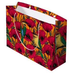 Grand Sac Cadeau Mangeurs d'abeilles et pavots sur orange