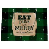 Grand Sac Cadeau Mangez Boire et Soyez Joyeux Vert Plaid Noël (Devant)