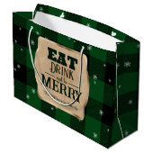 Grand Sac Cadeau Mangez Boire et Soyez Joyeux Vert Plaid Noël (Dos Angle)