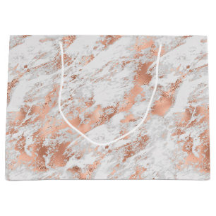Grand Sac Cadeau Marbre Blanc Pailleté Or Rose Joliment 