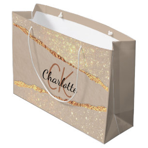 Grand Sac Cadeau Marbre d'agate or beige monogramme
