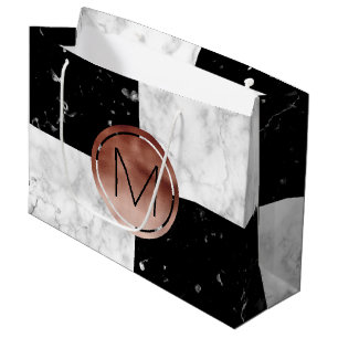 Grand Sac Cadeau Marbre rose de blanc de noir d'or de monogramme