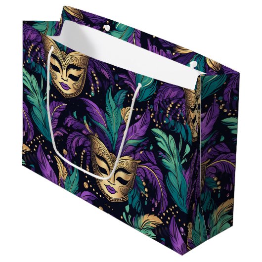 Grand Sac Cadeau Mardi Gras Feathers And Mask (Devant Angle)