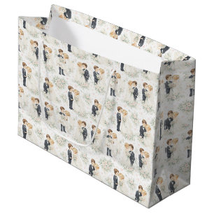 Grand Sac Cadeau Mariage Aquarelle Mariée Blonde Époux Fleurs