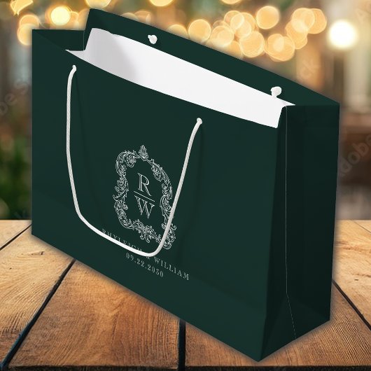 Grand Sac Cadeau Mariage au monogramme de crête de forêt verte