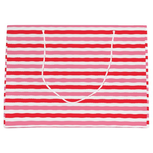 Grand Sac Cadeau Mariage Blanc Rouge Rose Rayures (Devant)