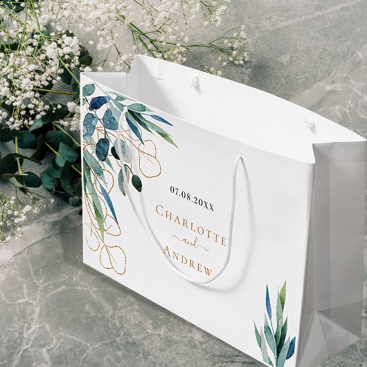 Grand Sac Cadeau Mariage Eucalyptus vert or monogramme