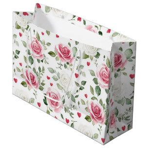 Grand Sac Cadeau Mariage Fleurs de Rose Cœurs Baby Shower
