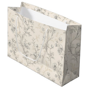 Grand Sac Cadeau Mariage Floral Chic Crème