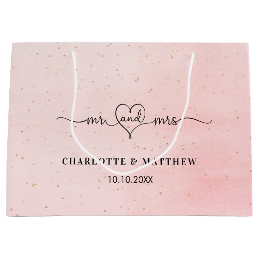 Grand Sac Cadeau Mariage m. mrs script coeur blush or rose (Devant)