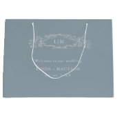 Grand Sac Cadeau Mariage monogramme de crête botanique bleu poussié (Devant)