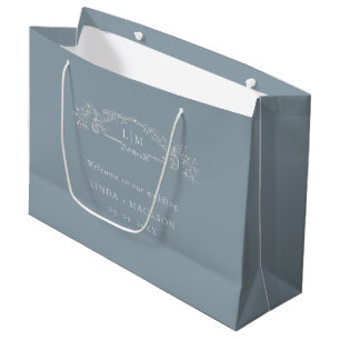 Grand Sac Cadeau Mariage monogramme de crête botanique bleu poussié