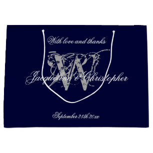 Grand Sac Cadeau Mariage Monogramme Marine Bleu Et Argent Chic