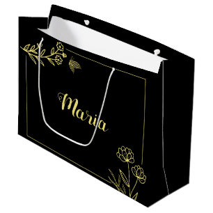 Grand Sac Cadeau Mariage noir floral or romantique élégant