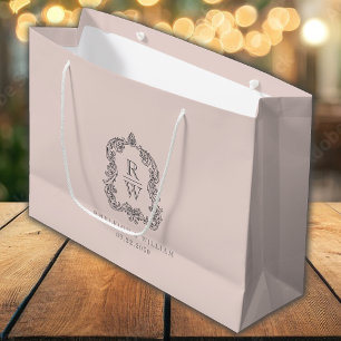 Grand Sac Cadeau Mariage Rose Pâle Blason Monogramme