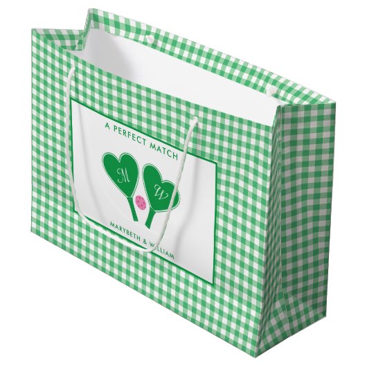 Grand Sac Cadeau Mariage Vert Prépa et Rose Pickleball (Devant Angle)