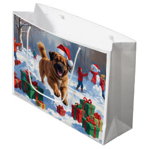 Grand Sac Cadeau Mastiff Tibétain Courant dans la Neige avec un Cha
