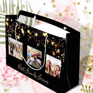 Grand Sac Cadeau Meilleurs amis photo noir or étoiles glamour anniv