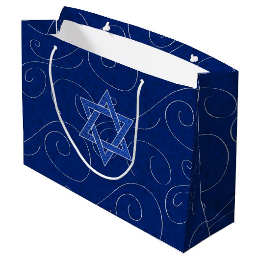Grand Sac Cadeau Menorah and Star of David with Blue Swirls (Dos Angle)