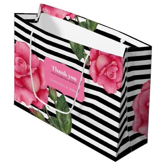 Grand Sac Cadeau Merci Rose Rose Aquarelle Noir Blancs (Devant Angle)