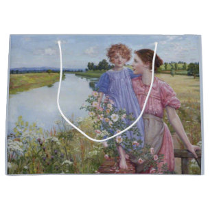 Grand Sac Cadeau Mère et enfant au bord d'une rivière avec des Rose