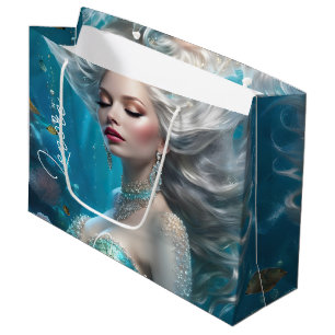 Grand Sac Cadeau Mermaid cheveux en argent Turquoise Océan