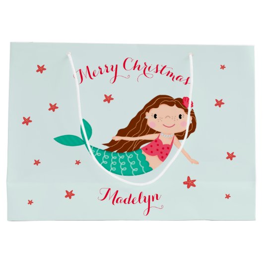 Grand Sac Cadeau Mermaid Christmas Red Aqua Personnalisé (Dos)