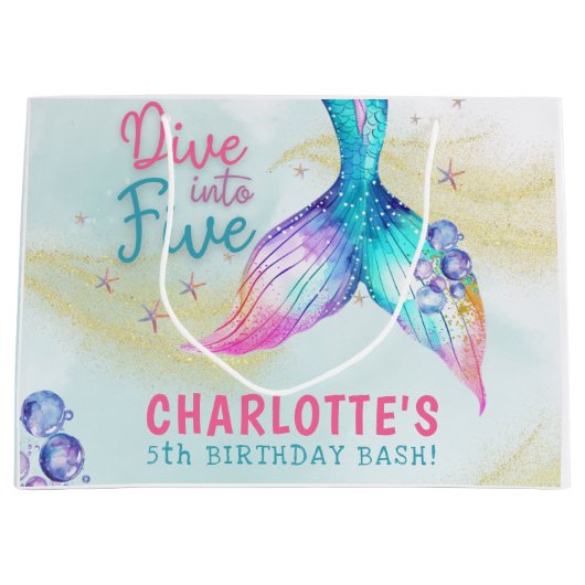 Grand Sac Cadeau Mermaid Tail Glitter Dive into Five birthday (Devant)