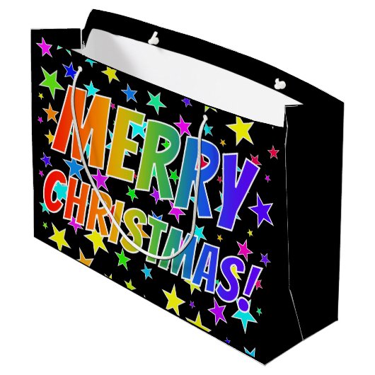 Grand Sac Cadeau "MERRY CHRISTMAS !" dans Rainbow Text + Stars Moti (Dos Angle)