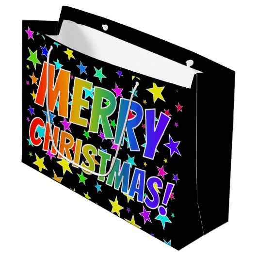 Grand Sac Cadeau "MERRY CHRISTMAS !" dans Rainbow Text + Stars Moti (Devant Angle)