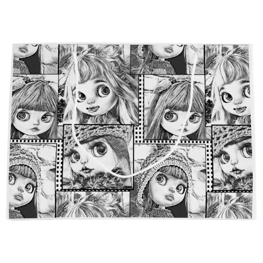 Grand Sac Cadeau Mes poupées patchwork noires et blanches préférées (Devant)