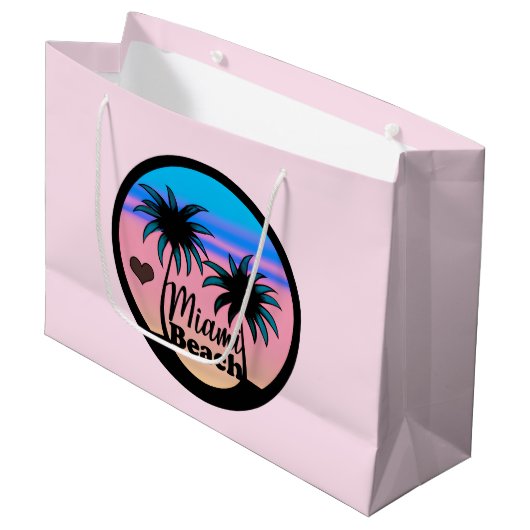 Grand Sac Cadeau Miami Beach Bleu et Palmiers roses (Devant Angle)