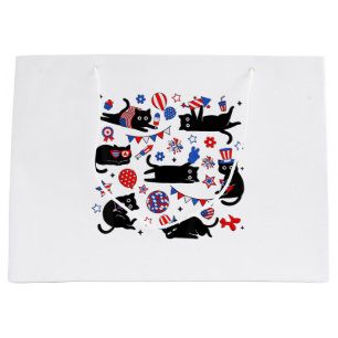 Grand Sac Cadeau Mignon Chat Noir Drapeau USA Feu d'Artifice Patrio
