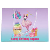 Grand Sac Cadeau mignonne filles Anniversaire flamingo ajouter nom (Devant)