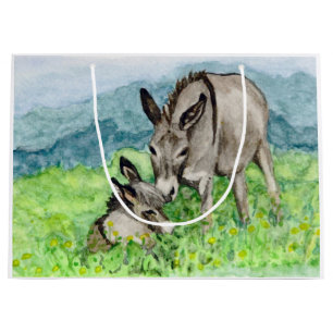 Grand Sac Cadeau Miniature Donkey Maman et bébé Aquarelle Art