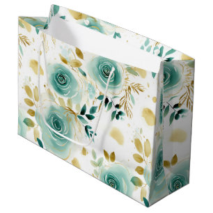 Grand Sac Cadeau Mint Vert Blanc or Rose Floral