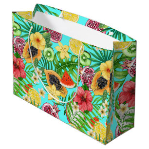 Grand Sac Cadeau Mix-fruit tropical, fleurs et feuilles en bleu