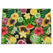 Grand Sac Cadeau Mix-fruits tropicaux, fleurs et feuilles en noir (Devant)