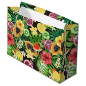 Grand Sac Cadeau Mix-fruits tropicaux, fleurs et feuilles en noir (Devant Angle)