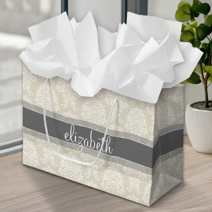 Grand Sac Cadeau Modèle de Damas Vintage gris et lin avec nom