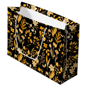Grand Sac Cadeau Modèle Floral d'or pour l'automne. BG noir
