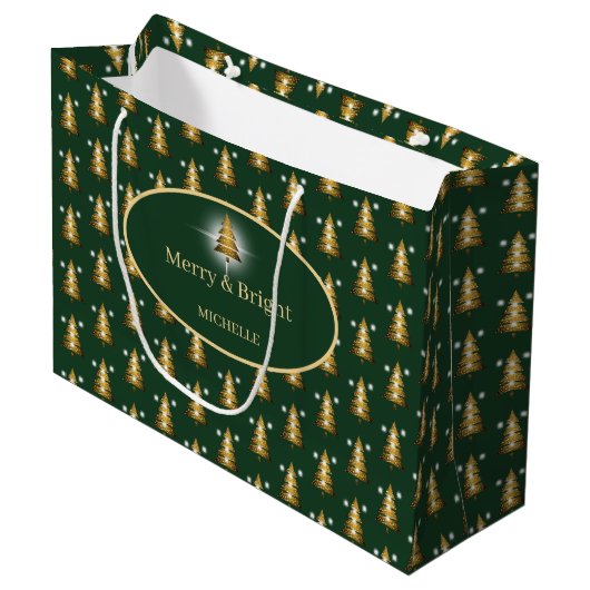 Grand Sac Cadeau Modern Golden Glitter Green Christmas Tree (Devant Angle)