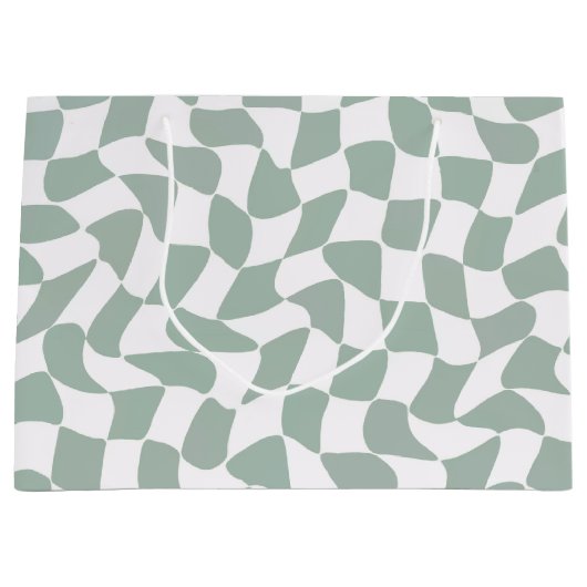 Grand Sac Cadeau Modern Sage Green & White Wavy Checkerboard (Devant)
