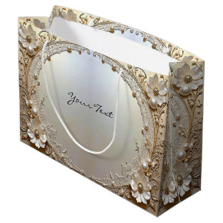 Grand Sac Cadeau Modern White Flowers Pearls Gift Bag