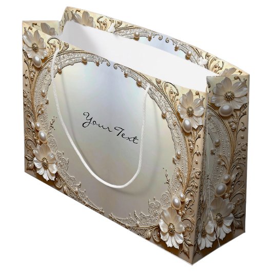 Grand Sac Cadeau Modern White Flowers Pearls Gift Bag (Dos Angle)