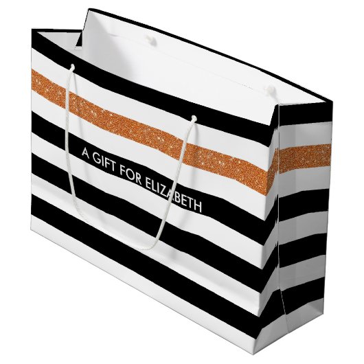 Grand Sac Cadeau Moderne Black Stripes FAUX Orange Glitz et nom (Devant Angle)