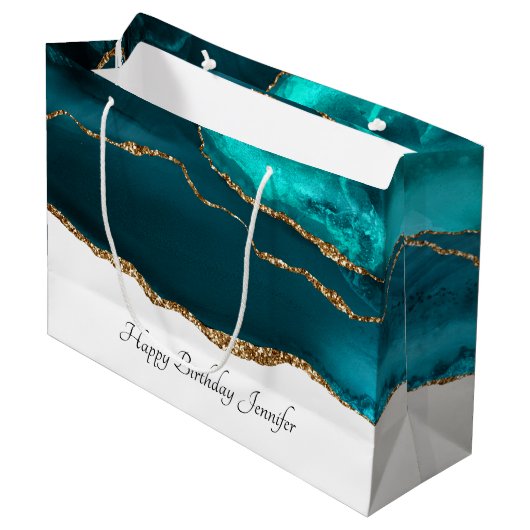 Grand Sac Cadeau Moderne Design Turquoise Agate & Gold Ribbon Anniv (Devant Angle)