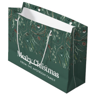 Grand Sac Cadeau Moderne élégant aquarelle feuillage vert Noël