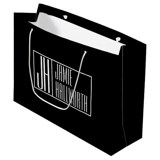 Grand Sac Cadeau Moderne, Noir & Blanc, Initiales & Logo Nom (Devant Angle)