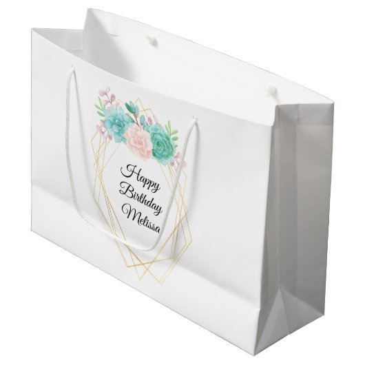 Grand Sac Cadeau Moderne rose et vert Succulents Aquarelle Annivers (Devant Angle)
